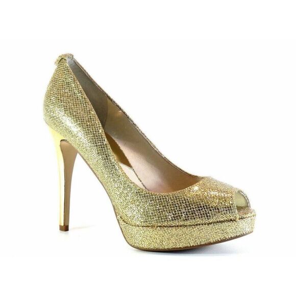 Michael Kors Size 8.5 Gold Sparkle Glitter Platform Peep Toe Pump Heels Bridal - Picture 1 of 16